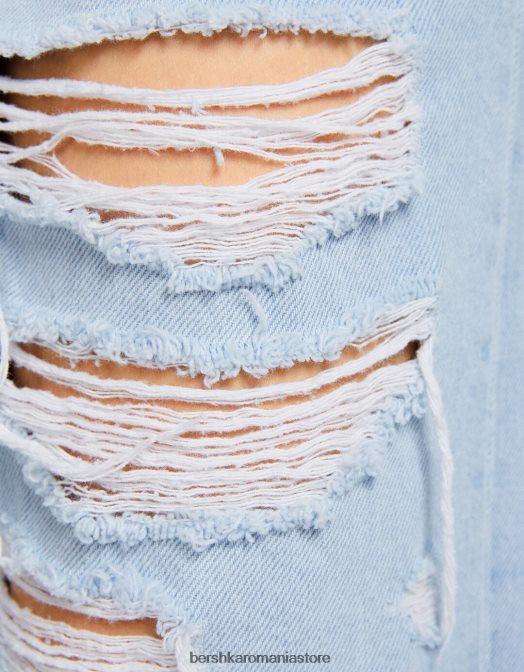 Bershka unisex blugi rupti tăiați cu picioare drepte albastru deschis Z86D3962 îmbrăcăminte