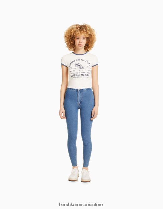 Bershka unisex jambiere din denim cu talie foarte mare albastru deschis Z86D3935 îmbrăcăminte