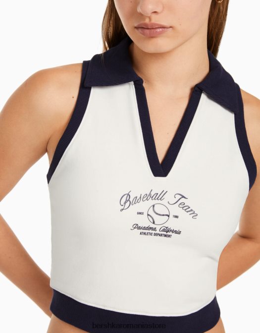 Bershka unisex Hanorac fără mâneci cu imprimeu și guler polo cremă Z86D4121 îmbrăcăminte