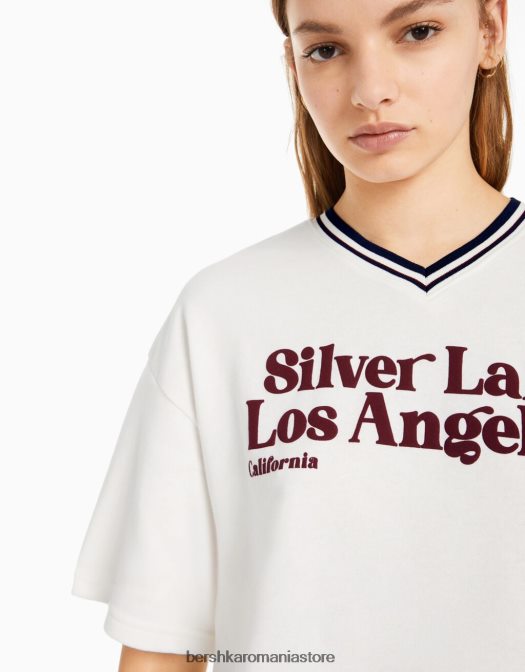 Bershka unisex hanorac cu mânecă scurtă cu decolteu în V și imprimeu cremă Z86D4114 îmbrăcăminte