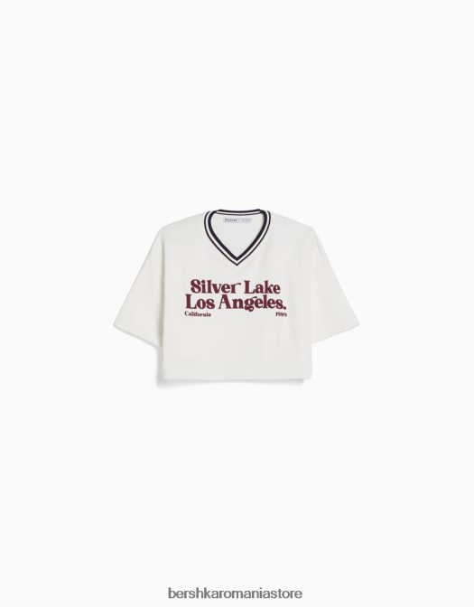 Bershka unisex hanorac cu mânecă scurtă cu decolteu în V și imprimeu cremă Z86D4114 îmbrăcăminte