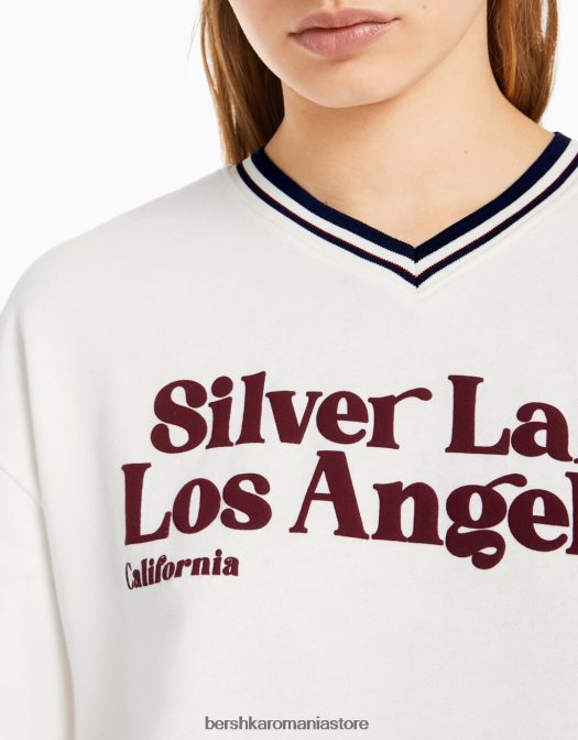 Bershka unisex hanorac cu mânecă scurtă cu decolteu în V și imprimeu cremă Z86D4114 îmbrăcăminte