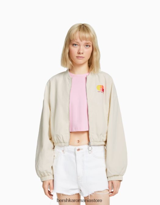 Bershka unisex geaca din nailon brodata cremă Z86D4161 îmbrăcăminte
