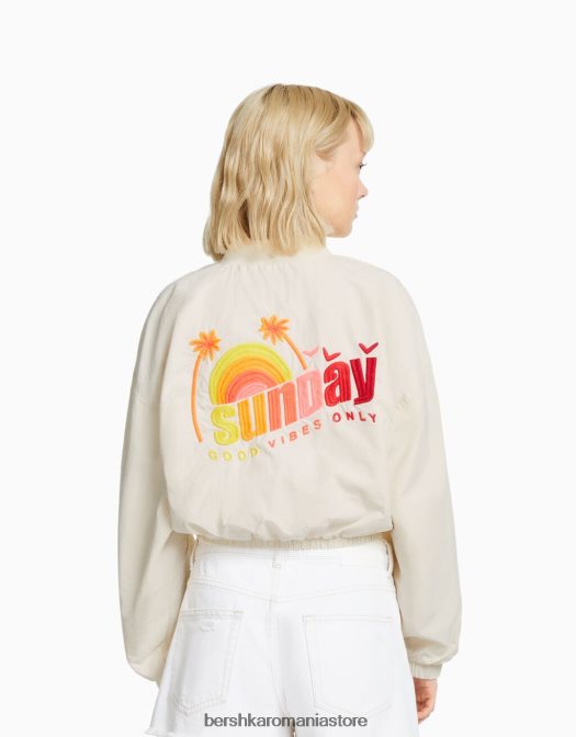 Bershka unisex geaca din nailon brodata cremă Z86D4161 îmbrăcăminte