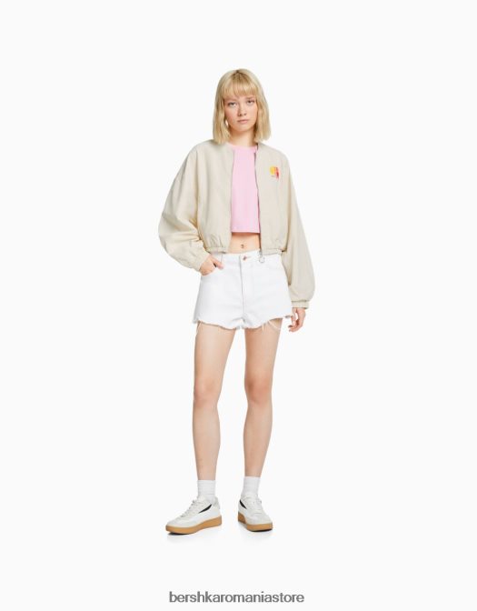 Bershka unisex geaca din nailon brodata cremă Z86D4161 îmbrăcăminte