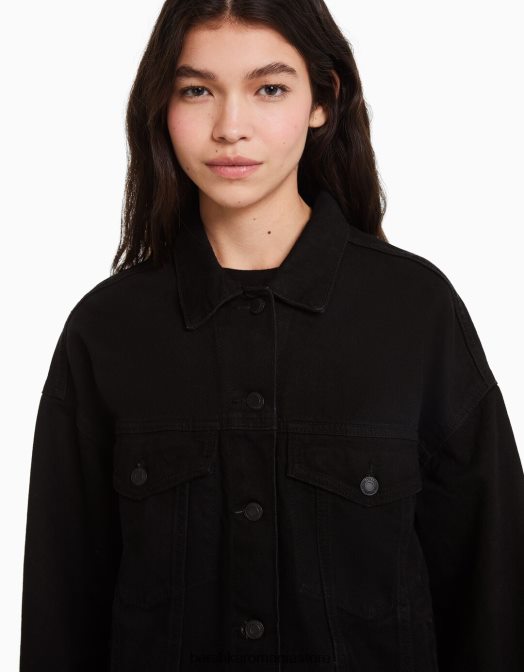 Bershka unisex jachetă din denim supradimensionată negru Z86D4160 îmbrăcăminte