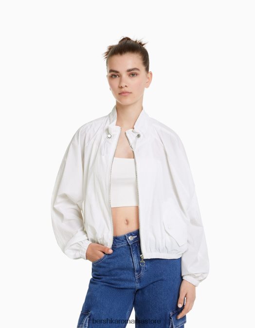 Bershka unisex jachetă texturată decupată din nailon ripstop alb Z86D4158 îmbrăcăminte
