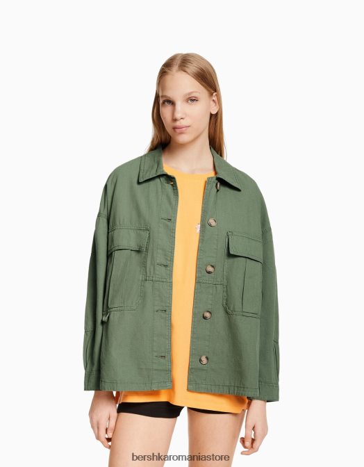 Bershka unisex supracămașă din bumbac cu mânecă lungă și buzunare kaki Z86D4163 îmbrăcăminte