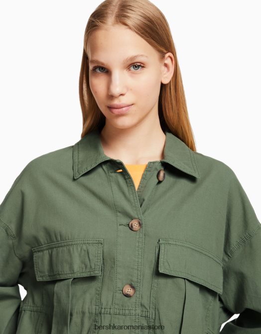 Bershka unisex supracămașă din bumbac cu mânecă lungă și buzunare kaki Z86D4163 îmbrăcăminte