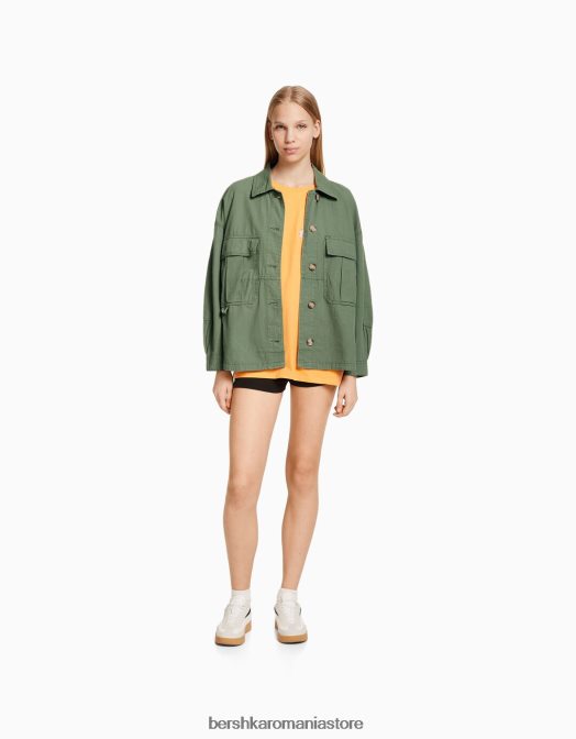 Bershka unisex supracămașă din bumbac cu mânecă lungă și buzunare kaki Z86D4163 îmbrăcăminte