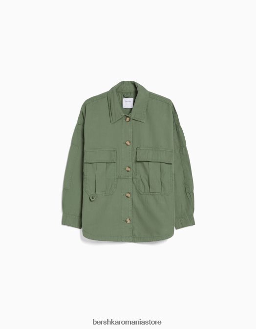 Bershka unisex supracămașă din bumbac cu mânecă lungă și buzunare kaki Z86D4163 îmbrăcăminte