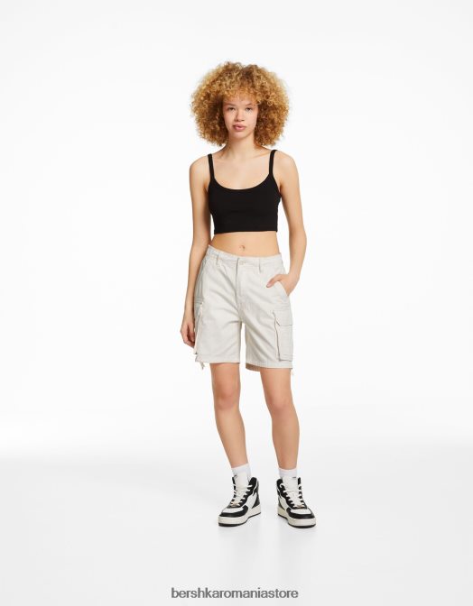 Bershka unisex bermudă cargo din bumbac cu bretele aproape alb Z86D4025 îmbrăcăminte