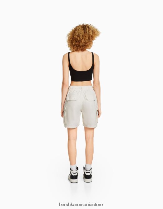 Bershka unisex bermudă cargo din bumbac cu bretele aproape alb Z86D4025 îmbrăcăminte