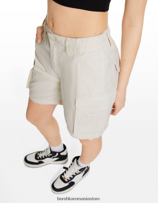 Bershka unisex bermudă cargo din bumbac cu bretele aproape alb Z86D4025 îmbrăcăminte