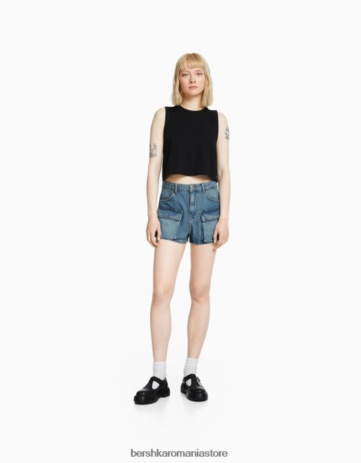 Bershka unisex pantaloni scurți cargo din denim spălat albastru Z86D4009 îmbrăcăminte