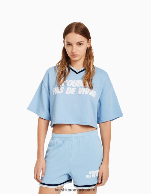 Bershka unisex pantaloni scurți de pluș imprimați cu ornamente albastru deschis Z86D4060 îmbrăcăminte