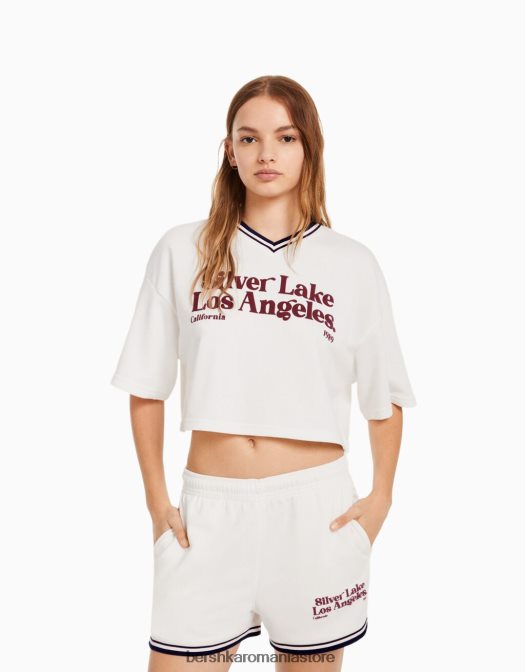 Bershka unisex pantaloni scurți de pluș imprimați cu ornamente cremă Z86D4059 îmbrăcăminte