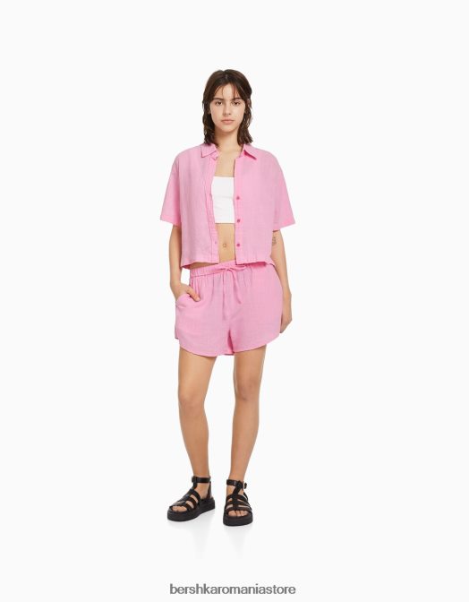 Bershka unisex pantaloni scurți rustici cu elastic încrețit roz Z86D4032 îmbrăcăminte
