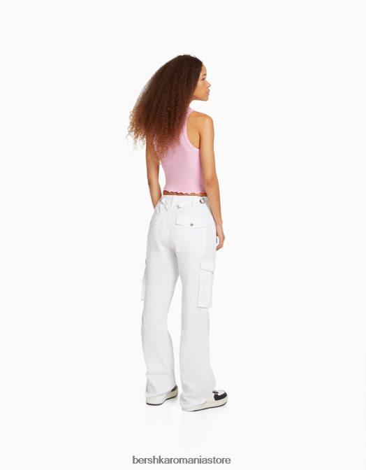 Bershka unisex pantaloni cargo ajustabili cu ajustare dreaptă alb Z86D3867 îmbrăcăminte