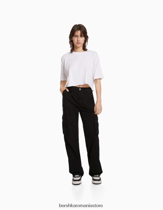 Bershka unisex pantaloni cargo ajustabili cu ajustare dreaptă negru Z86D3871 îmbrăcăminte