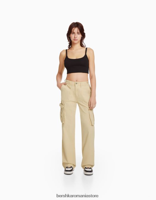 Bershka unisex pantaloni cargo ajustabili cu ajustare dreaptă nisip Z86D3868 îmbrăcăminte