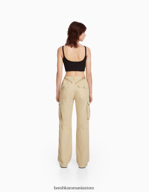 Bershka unisex pantaloni cargo ajustabili cu ajustare dreaptă nisip Z86D3868 îmbrăcăminte
