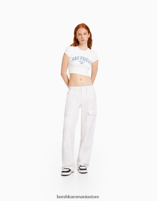 Bershka unisex pantaloni cargo din bumbac cu talie joasă, cu fir de contrast aproape alb Z86D3902 îmbrăcăminte