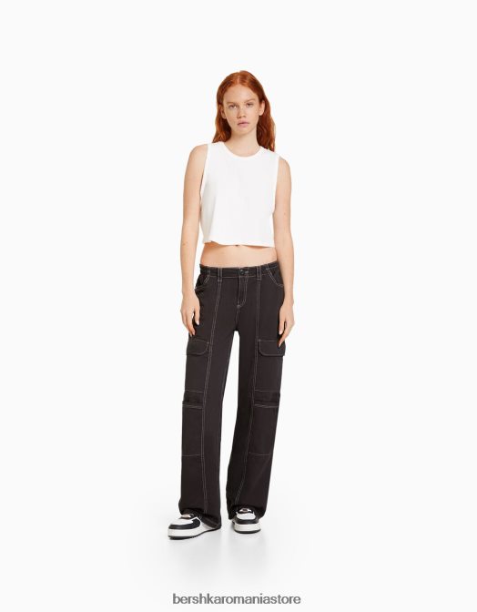 Bershka unisex pantaloni cargo din bumbac cu talie joasă, cu fir de contrast gri inchis Z86D3903 îmbrăcăminte