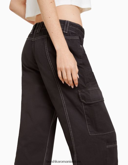 Bershka unisex pantaloni cargo din bumbac cu talie joasă, cu fir de contrast gri inchis Z86D3903 îmbrăcăminte