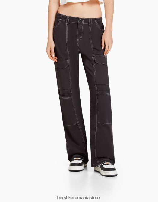 Bershka unisex pantaloni cargo din bumbac cu talie joasă, cu fir de contrast gri inchis Z86D3903 îmbrăcăminte