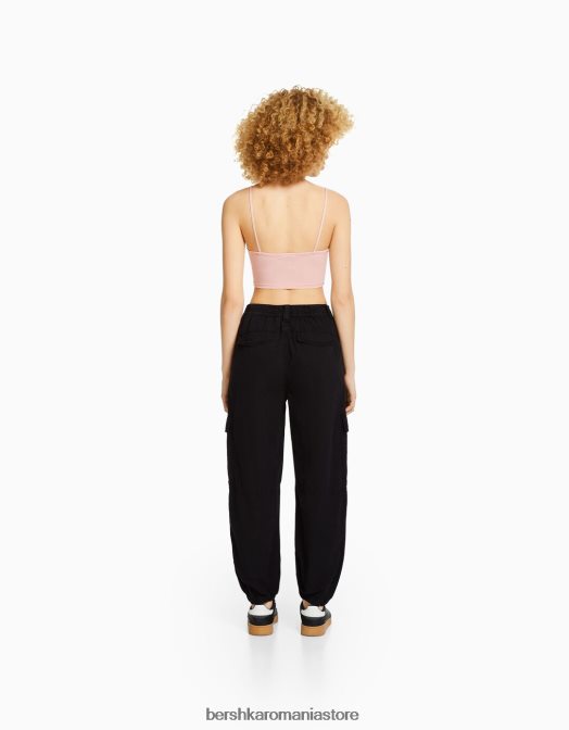 Bershka unisex pantaloni de jogging din bumbac, cu talie încrețită și buzunare negru Z86D3890 îmbrăcăminte