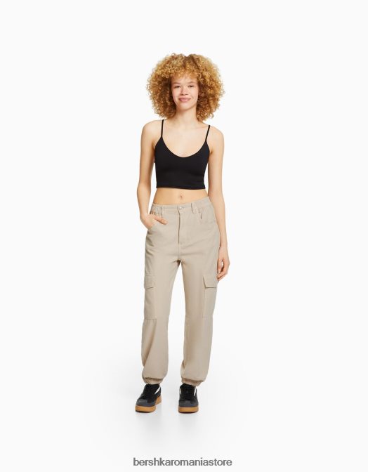 Bershka unisex pantaloni de jogging din bumbac, cu talie încrețită și buzunare nisip Z86D3891 îmbrăcăminte