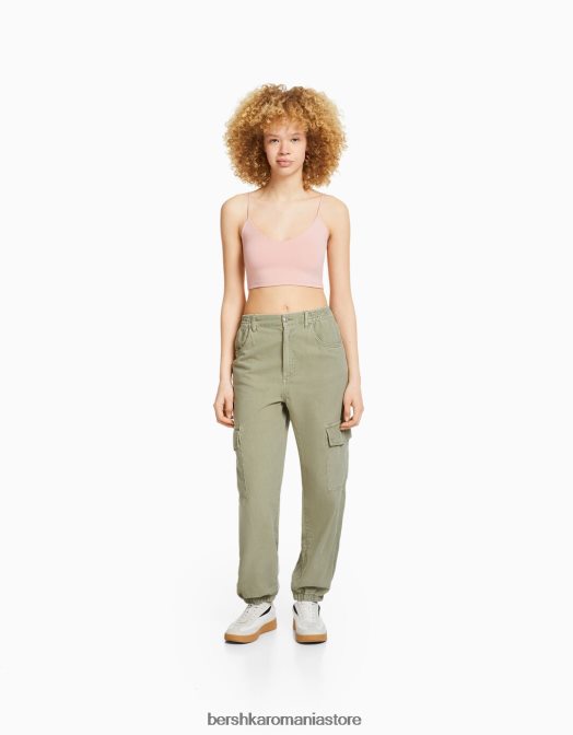 Bershka unisex pantaloni de jogging din bumbac, cu talie încrețită și buzunare verde Z86D3889 îmbrăcăminte