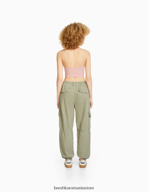 Bershka unisex pantaloni de jogging din bumbac, cu talie încrețită și buzunare verde Z86D3892 îmbrăcăminte