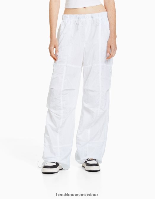 Bershka unisex pantaloni de nailon cu parașuta alb Z86D3893 îmbrăcăminte