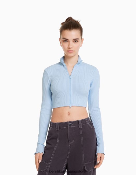 Bershka unisex cardigan decupat cu gât înalt, cu fermoar albastru deschis Z86D4145 îmbrăcăminte