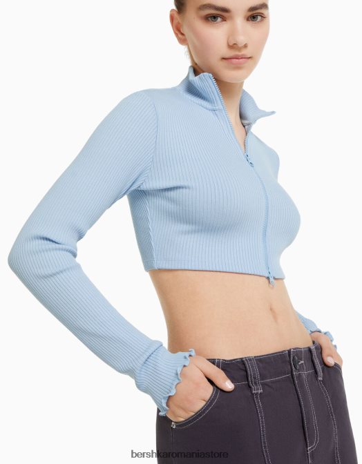 Bershka unisex cardigan decupat cu gât înalt, cu fermoar albastru deschis Z86D4145 îmbrăcăminte