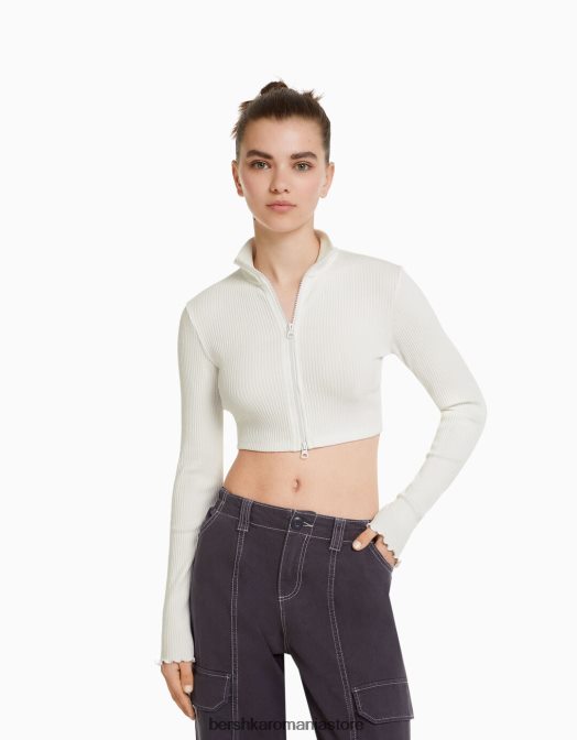 Bershka unisex cardigan decupat cu gât înalt, cu fermoar aproape alb Z86D4123 îmbrăcăminte