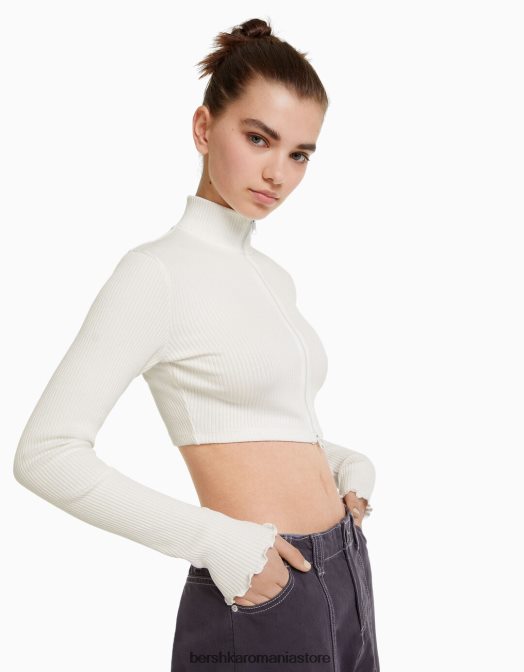 Bershka unisex cardigan decupat cu gât înalt, cu fermoar aproape alb Z86D4123 îmbrăcăminte