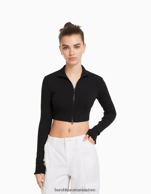 Bershka unisex cardigan decupat cu gât înalt, cu fermoar gri inchis Z86D4122 îmbrăcăminte