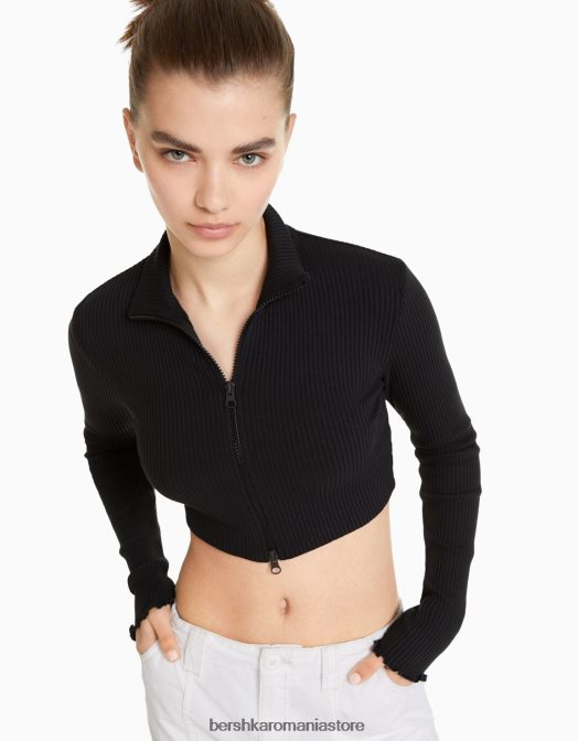 Bershka unisex cardigan decupat cu gât înalt, cu fermoar gri inchis Z86D4122 îmbrăcăminte