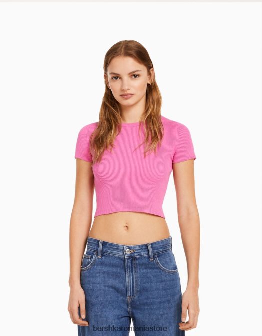Bershka unisex pulover cu mânecă scurtă cu nervuri roz Z86D4120 îmbrăcăminte