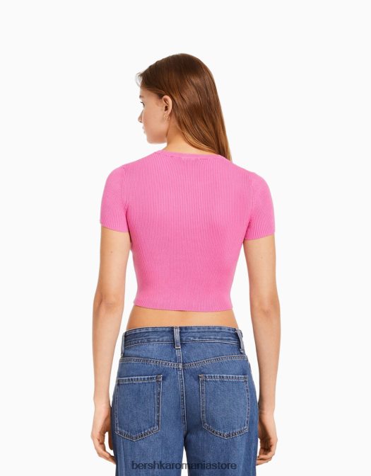 Bershka unisex pulover cu mânecă scurtă cu nervuri roz Z86D4120 îmbrăcăminte