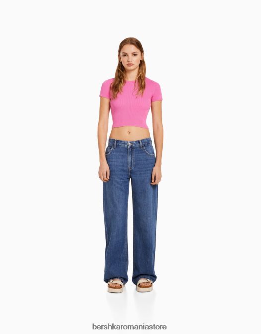 Bershka unisex pulover cu mânecă scurtă cu nervuri roz Z86D4120 îmbrăcăminte