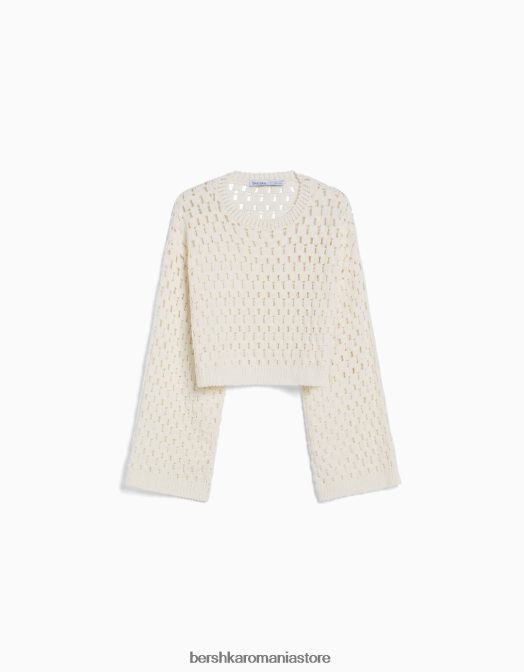 Bershka unisex pulover rustic din tricot deschis cu gâtul roșu cremă Z86D4148 îmbrăcăminte