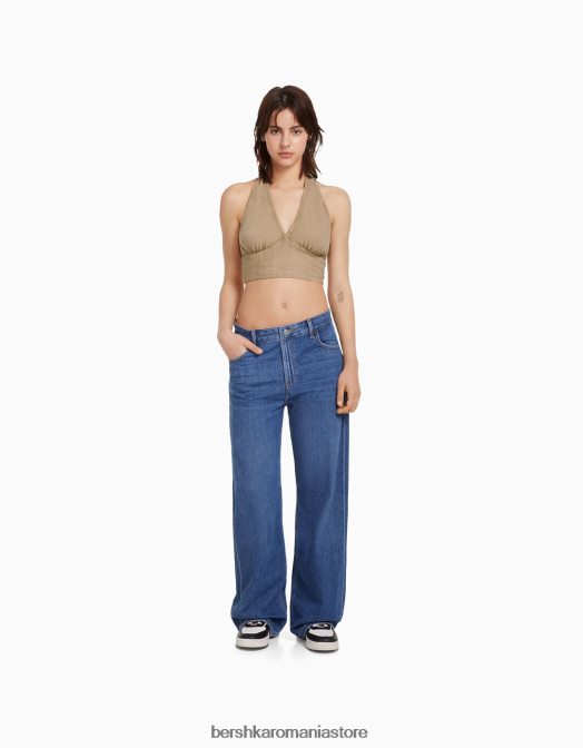 Bershka unisex Crop top rustic din amestec de in bej Z86D3770 îmbrăcăminte