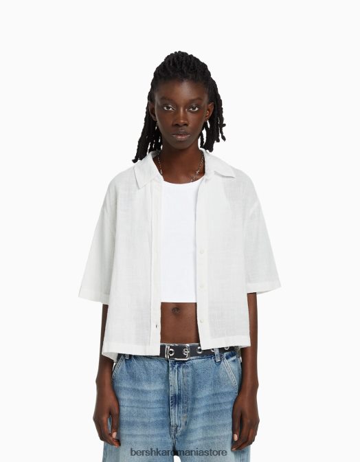 Bershka unisex cămașă rustică texturată cu mânecă scurtă alb Z86D3794 îmbrăcăminte
