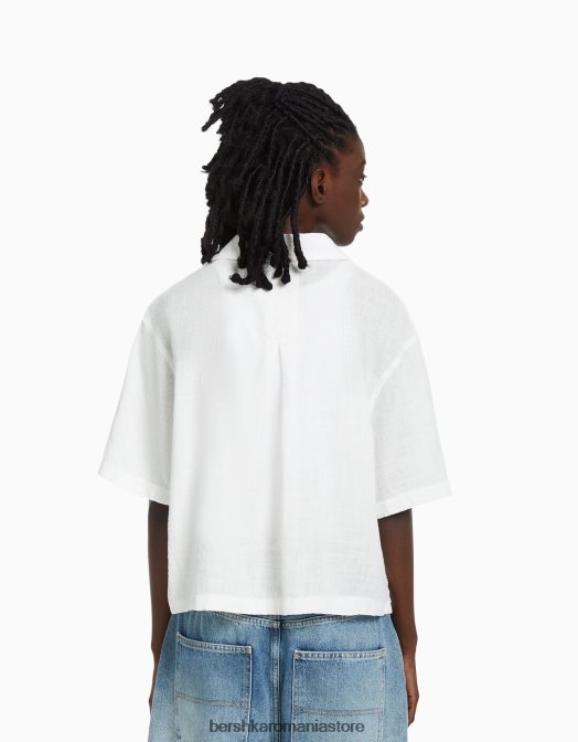 Bershka unisex cămașă rustică texturată cu mânecă scurtă alb Z86D3794 îmbrăcăminte