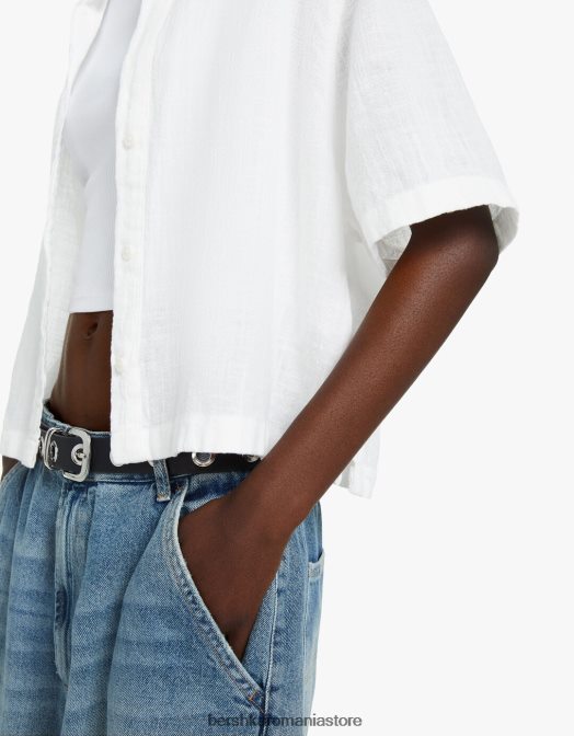 Bershka unisex cămașă rustică texturată cu mânecă scurtă alb Z86D3794 îmbrăcăminte
