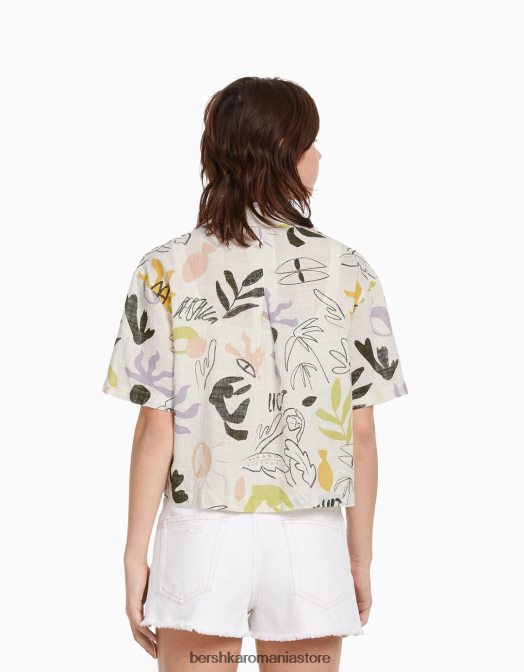 Bershka unisex cămașă rustică texturată cu mânecă scurtă alb negru Z86D3795 îmbrăcăminte